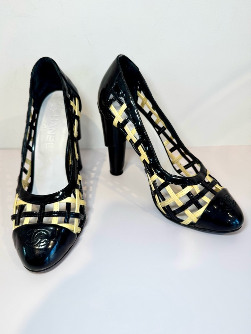 Chanel Black & Cream Patent Leather Lattice Block Heel Pumps W CC Logo, Sz 37.5